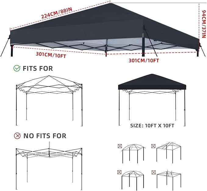 10x10 Canopy Replacement Top Only,Waterproof Pop Up Canopy Tent Top Replacement Cover Roof with Windproof Ropes for Straight Leg Frame, 420D Polyester for Outdoor Garden Pavilion Sun Shade(Black)