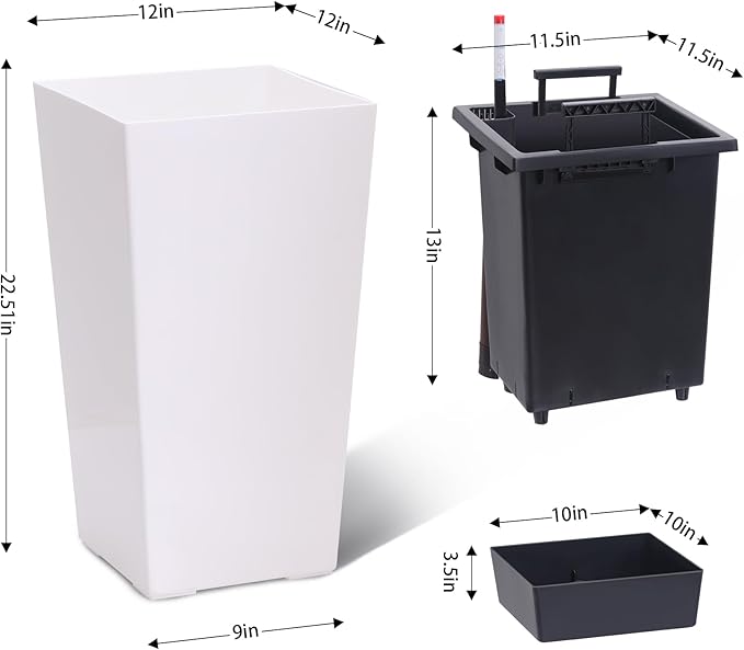 GarveeLife 22.5 in Tall Planters Set of 2, Outdoor&Indoor Black Planter Pots, High Front Porch Planter Pots with Drainage Holes&Water Level Monitor&Inner Bucket, Automatic Watering, White