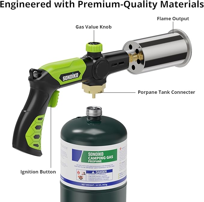 Sondiko Powerful Grill & Cooking Propane Torch L8010, Sous Vide, Campfire Starter, Adjustable Wood Torch Burner for Searing Steak, BBQ, Welding(Green & Black) Propane Tank Not Included