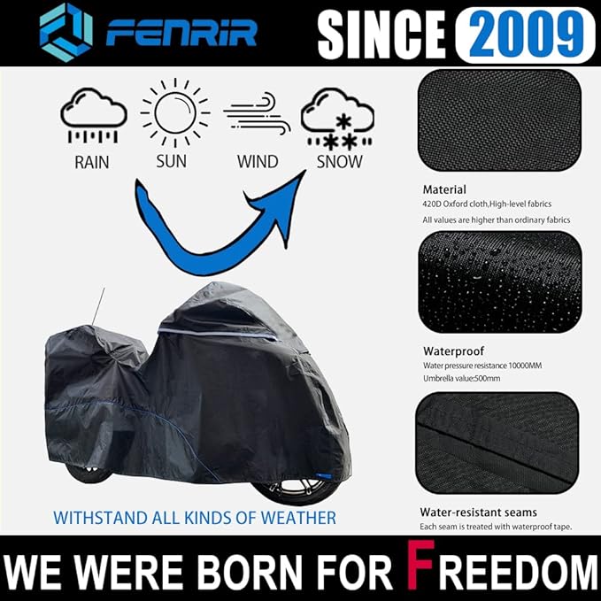 FENRIR 108" Motorcycle Cover Waterproof Outdoor Storage Exhaust Pipe Anti-Scalding Antenna Hole for Harley Davidson Touring Road Glide Ultra Limited Indian Roadmaster Pursuit Honda Gold Wing K1600GTL