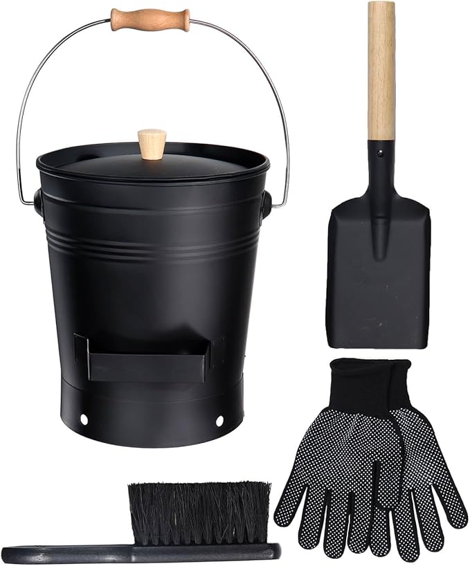 vensovo 2.5 Gallon Ash Bucket with Lid - Shovel, Broom, and Gloves, Heavy Duty Galvanized Iron, Fire-Resistant, Black Finish Perfect for Fireplaces