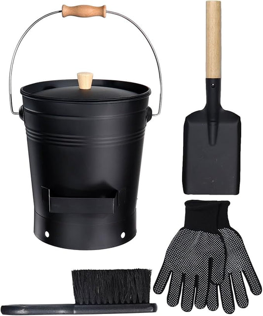 vensovo 2.5 Gallon Ash Bucket with Lid - Shovel, Broom, and Gloves, Heavy Duty Galvanized Iron, Fire-Resistant, Black Finish Perfect for Fireplaces
