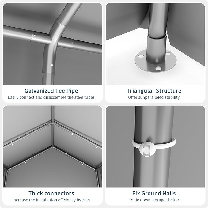 Garvee 6'x8' Outdoor Portable Storage Shed, Waterproof & UV-Resistant Garage Shelter with 2 Roll-Up Zipper Doors, Anti-Snow Carport Tent for Motorcycle, Bike, and Outdoor Equipment, Gray