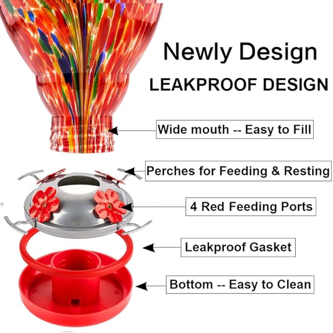 WOSIBO Hummingbird Feeder for Outdoors Patio Large 32 Ounces Colorful Hand Blown Glass Hummingbird Feeder with Ant Moat Hanging Hook, Rope, Brush and Service Card (RED-Firework)