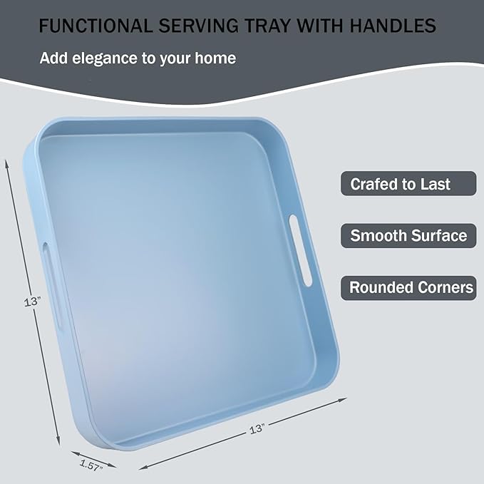 Square Blue Decorative Serving Tray with Handles, Versatile Ottoman Tray for Coffee Table, Entertaining, Outdoor Patio, Living Room, 13”*13”*1.6”