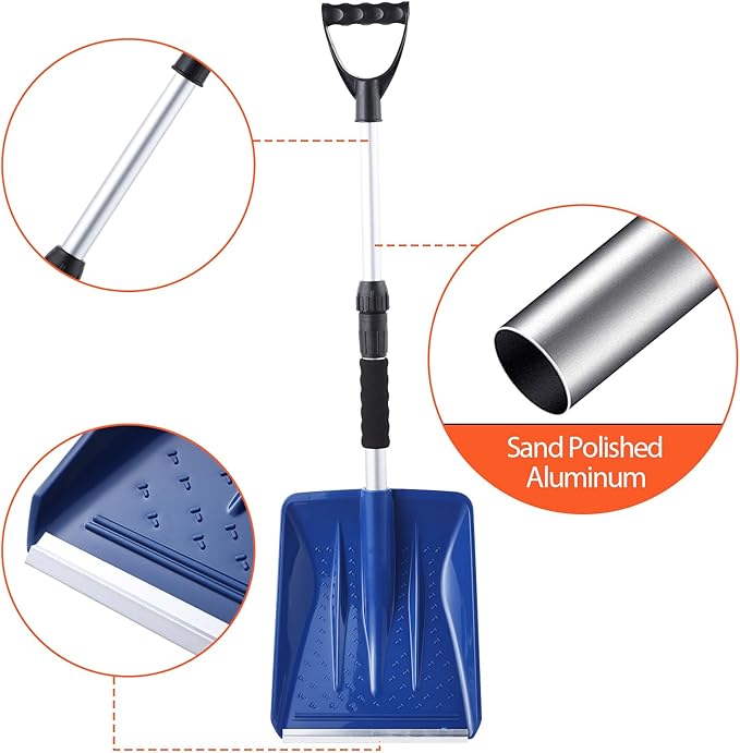 Kids Snow Shovel Snowman Maker Portable Snow Removal Winter Emergency Tools for Car Driveways Use with Extendable Handle Foam Grip Aluminum Wear Strip