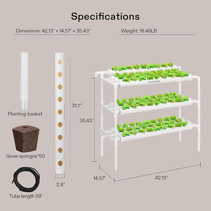 VIVOSUN Hydroponics Growing System 90 Plant Sites, 3 Layers 10 Food-Grade PVC-U Pipes Hydroponic Gardening System Grow Kit with Water Pump, Pump Timer, Nest Basket and Sponge for Leafy Vegetables