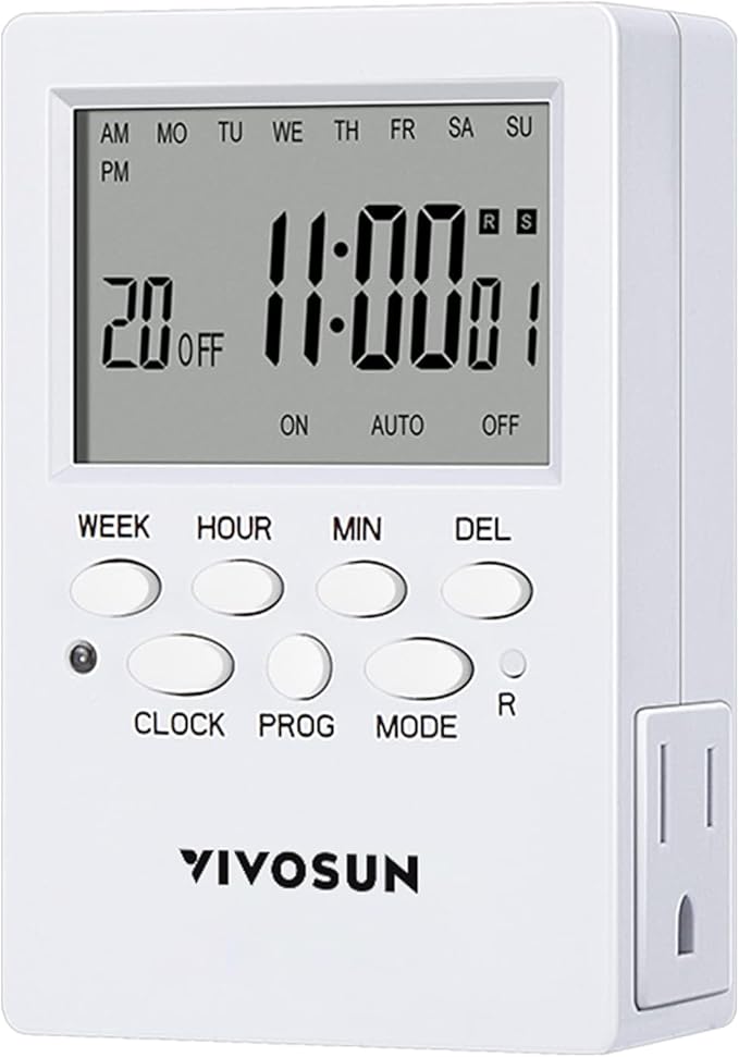 VIVOSUN Digital Timer Outlet 7 Day Programmable Digital Outlet Timer with 2 Independent Outlets 3 Prong, 20 on/Off Programs Groups, Countdown Setting, Indoor for Light Lamp, Fan(1Pack)
