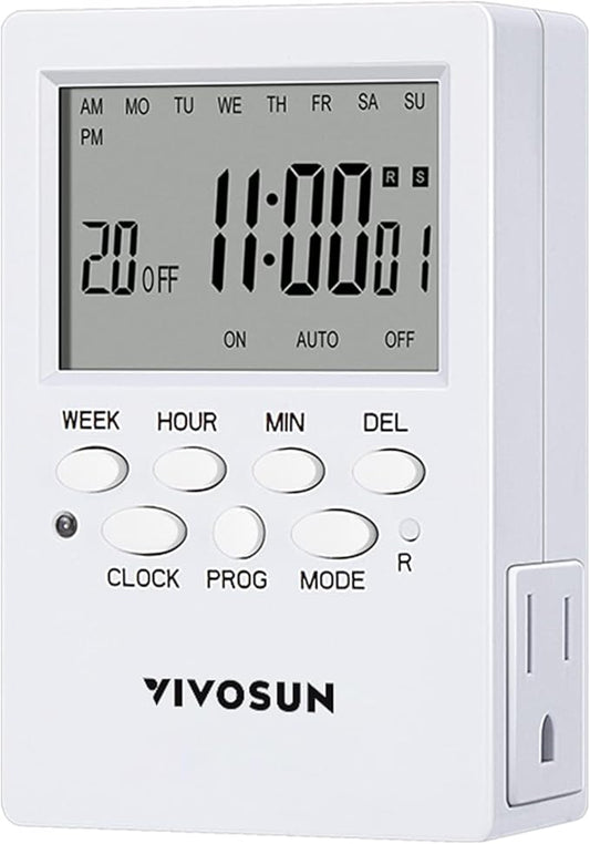 VIVOSUN Digital Timer Outlet 7 Day Programmable Digital Outlet Timer with 2 Independent Outlets 3 Prong, 20 on/Off Programs Groups, Countdown Setting, Indoor for Light Lamp, Fan๏ผ1Pack๏ผ