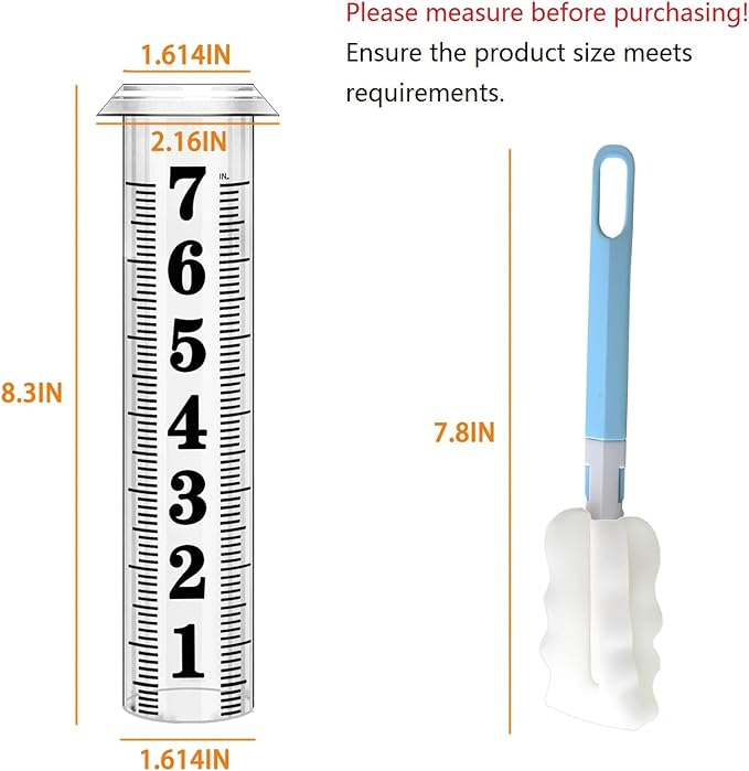 Rain Gauge Replacement Tube, Accurate Rain Gauges Outdoors Best Rated, 7" Capacity Rain Gauge Tube Replacement for Yard & Garden, Water Gauge for Rain, 2 Plastic Rainfall Meter Tube with 1 Clean Brush