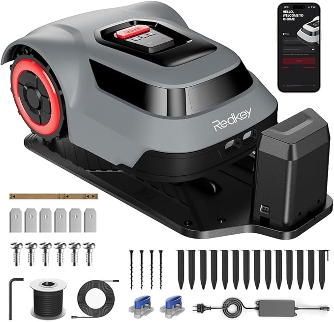 Redkey MGC1000 Robot Lawn Mower with 590ft Boundary Wires for 0.25 Acre (1/4 Acre), 45% Slope, 70Mins Runtime, Auto Recharge, Automatic Robotic Lawn Mower w/Precise Location & Breakpoint Detection