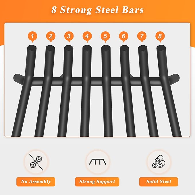 Fireplace Grate 24 Inch with 8 Support Legs, Round Solid Steel Heavy Duty Fireplace Log Holder with Fire Tongs & Poker, Fireplace Log Grate for Indoor Fireplace and Outdoor In-ground Firepit
