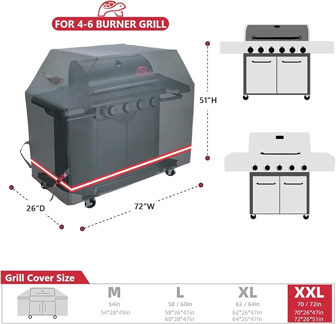 Turtle Life BBQ Grill Cover, 72 Inch Heavy Duty Waterproof 4-6 Burner Barbecue Gas Grill Covers for Weber Genesis Char-Broil Deluxe, Black