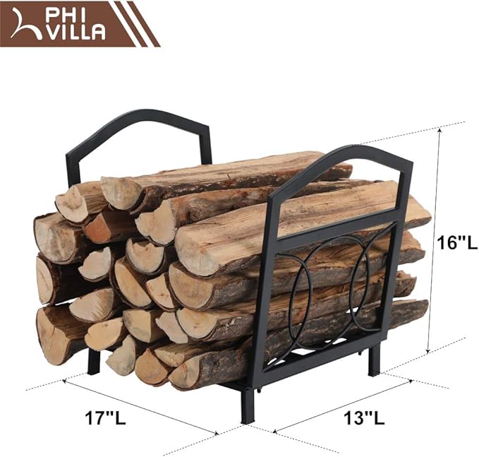 PHI VILLA 17 Inch Small Firewood Log Rack Indoor/Outdoor Steel Wood Storage Log Rack Bin Wood Holder Fireplace Accessories Circle Design, Black