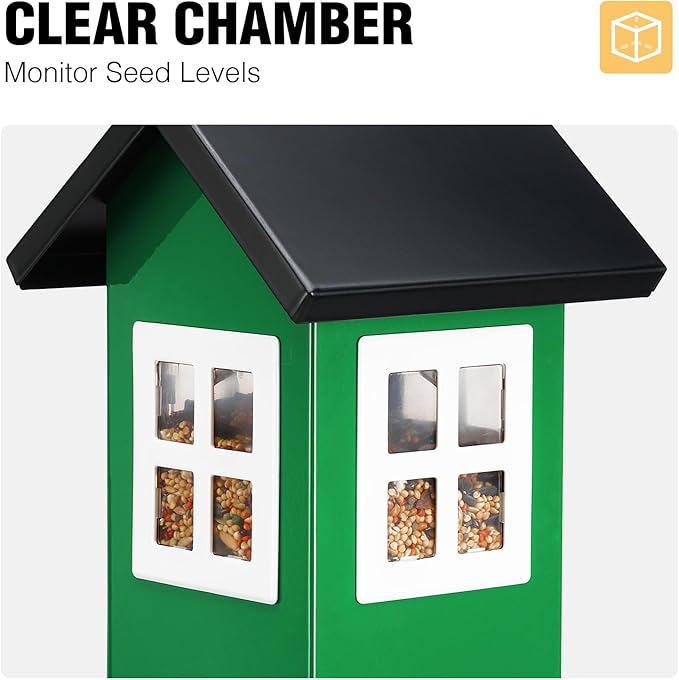 Veehoo Bird House Feeders for Outdoors Hanging-Metal Wild Bird House Feeders with 4 Ports, Country House Design, Garden Yard Decor Weatherproof Hanging Bird Feeder for Outside, Green