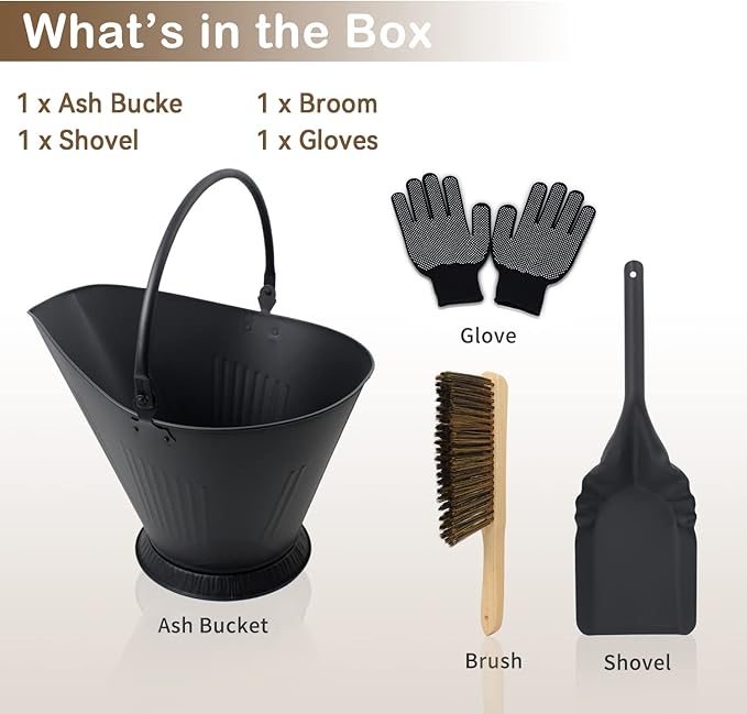Poofzy Ash Bucket for Fireplace, 3.2 Gallon Metal Fireplace Ash Bucket for Wood Stove, Includes Shovel, Broom and Gloves Indoor & Outdoor