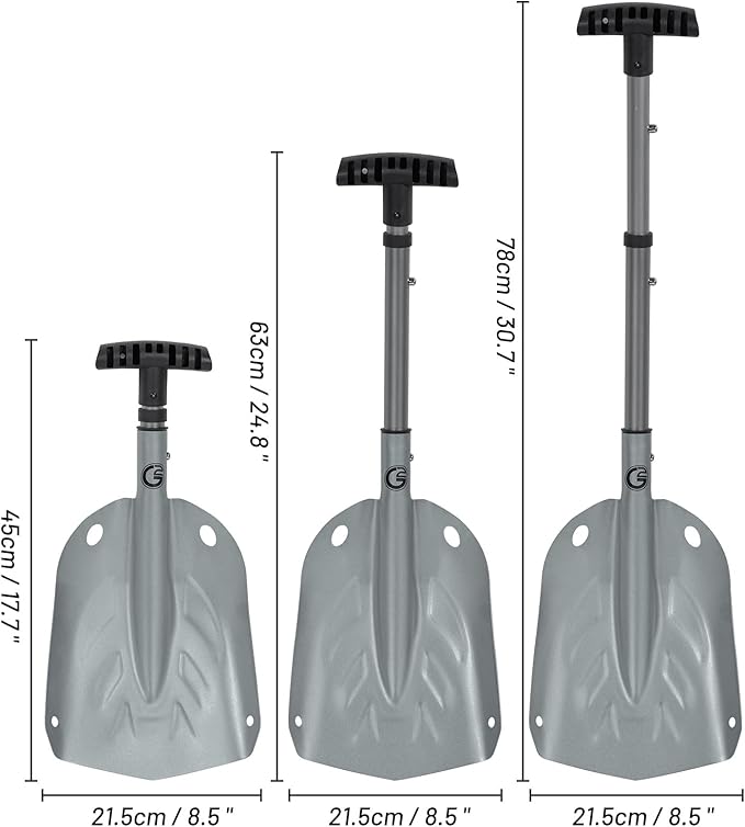 G2 Backcountry Lightweight Telescopic Avalanche Snow Shovel, Storage Down to 13 inch, Durable Aluminum Alloy Material, ABS Anti-Slip Proof Handle, Compact Storage Size (Grey)