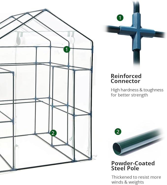 KING BIRD Premium Greenhouse for Outdoors, 56 x 56 x 77 Upgraded PVC Cover & Steel Frame Walk in Hot House, w/ Zippered Screen Windows Mesh Door, 3 Tiers 14 Shelves for Outside Garden, Clear