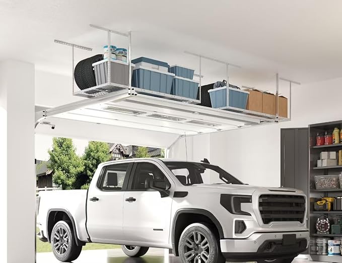 FLEXIMOUNTS 2 Pack 3x6 Overhead Garage Storage Adjustable Ceiling Rack 72" Length x 36" Width x 40" Height, 900lbs Total Weight Capacity, White