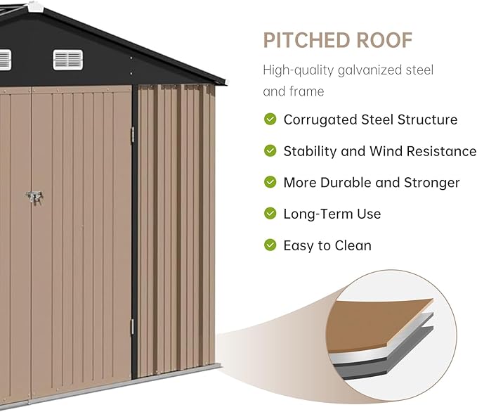 Garvee 10×8FT Outdoor Storage Shed, Metal Waterproof Garden Storage Shed Galvanized Steel Utility Tool Shed with Lockable Doors & Vents, All-Weather Shelter for Bike/Kids Car/Mowers/Tool, etc. Brown