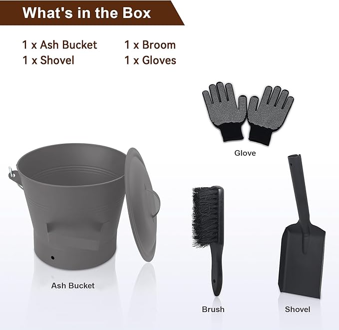BRIAN & DANY Ash Bucket with Lid, 2.6 Gallon Fireplace Ash Bucket with Shovel and Hand Broom, Metal Bucket for Fireplace, Fire Pit, Wood Burning Stove, Gray