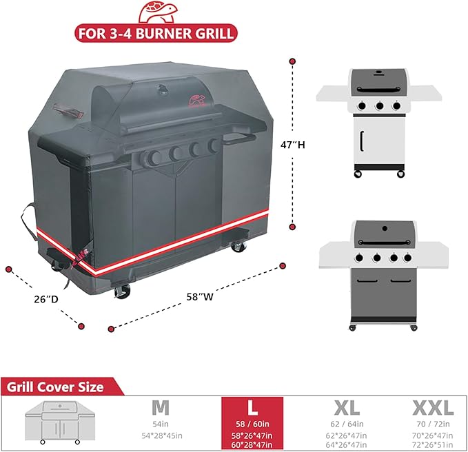 Turtle Life BBQ Grill Cover, 58 Inch Heavy Duty Waterproof 3-4 Burner Barbecue Gas Grill Covers for Weber Spirit Char-Broil Performance and Signature, Black