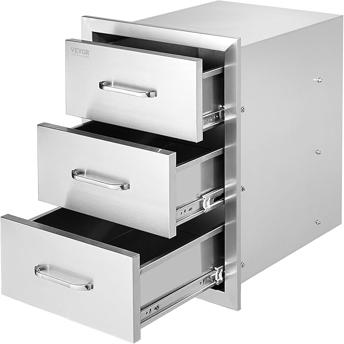 Mophorn Outdoor Kitchen Drawers 16" W x 21.5" H x 18" D, Flush Mount Triple Access BBQ Drawers with Stainless Steel Handle, BBQ Island Drawers for Outdoor Kitchens or BBQ Island Patio Grill Station