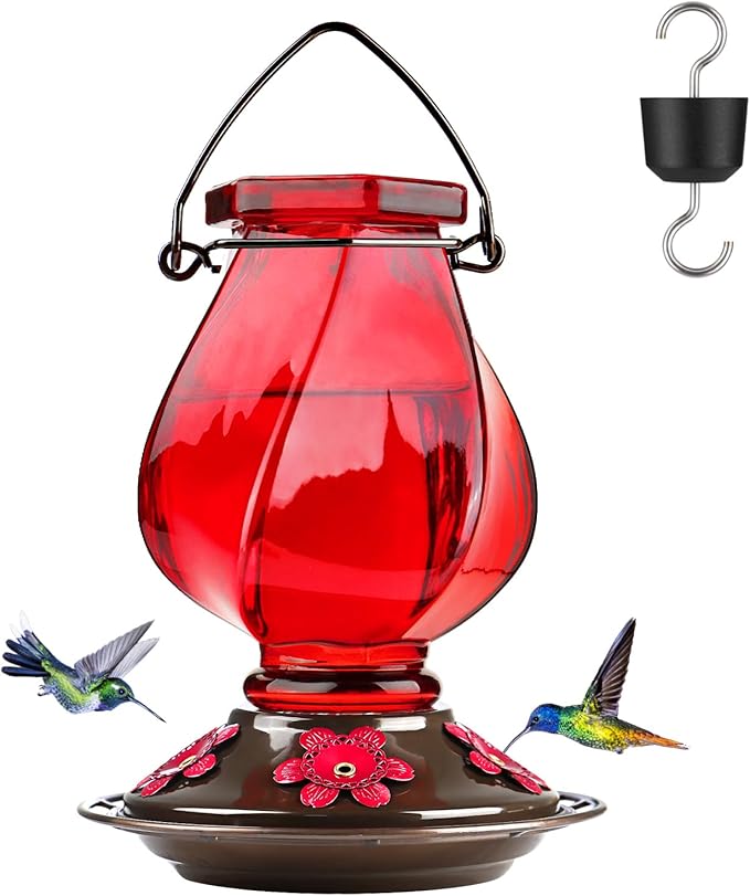 Hummingbird Feeder, BOLITE Glass Hummingbird Feeders for Outdoors Hanging, with Ant Moat and Five Feeding Ports, 22 Ounces, Leak Proof, Red, Birthday Gifts for Women Men, Gifts for Mom Dad