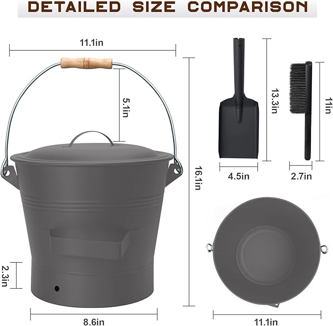 BRIAN & DANY Ash Bucket with Lid, 2.6 Gallon Fireplace Ash Bucket with Shovel and Hand Broom, Metal Bucket for Fireplace, Fire Pit, Wood Burning Stove, Gray