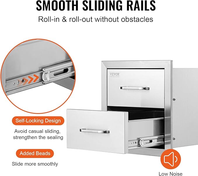 VEVOR Outdoor Kitchen Cabinets 14W x 14.3H x 23D Inch, BBQ Island Drawers Stainless Steel, Flush Mount Double with Handle, BBQ Island for Outdoor Kitchens or Grill Station
