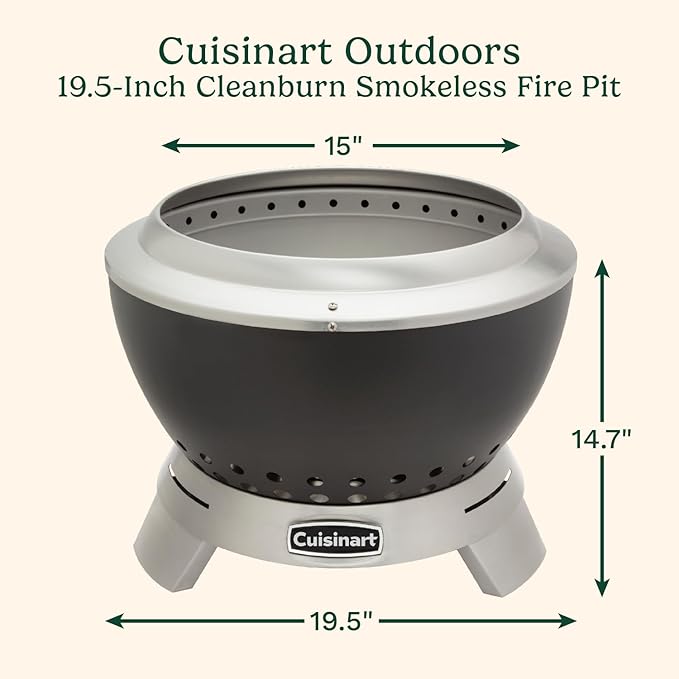Cuisinart 19.5” Cleanburn Smokeless Fire Pit with Removable Base for Ash, Portable Wood Burning Outdoor Fireplace, Stainless Steel Smoke Free Outdoor Heater, Enhanced Airflow and Easy Cleanup