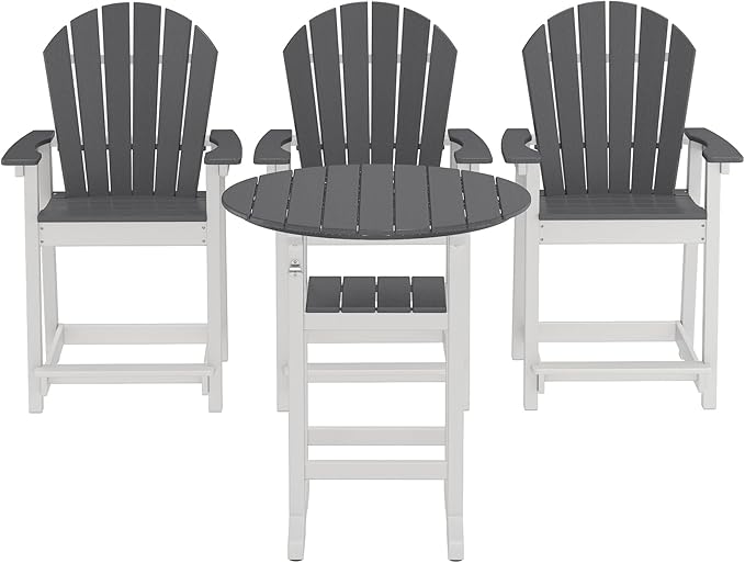 3 Counter Height Adirondack Chairs and 1 Bar Table, All Weather HDPE Patio Furniture, Wide Armrests, High Back, 400lb Capacity (White & Grey)