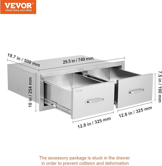 VEVOR Outdoor Kitchen Drawers 30" W x 10" H x 20" D, Horizontal Double BBQ Access Drawers Stainless Steel with Handle, BBQ Island Drawers for Outdoor Kitchens or Patio Grill Station