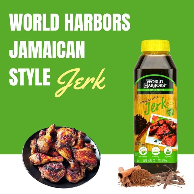 World Harbors Jamaican Jerk Sauce Sweet & Spicy Marinade for Jamaican Jerky Seasoning Chicken, Sirloin, Shrimp Jerk Seasoning Jamaican Style - Flavors for Dipping, Glazing 16 oz (Pack of 2)