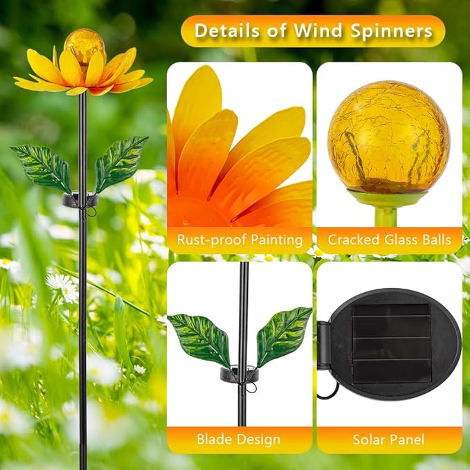 Solar Flowers Wind Spinners Outdoor,Sunflower Windmill for Yard Art Decor Lights Wind Pinwheels with LED Crystal Ball Spring Outdoor Decor for Garden Lawn Patio