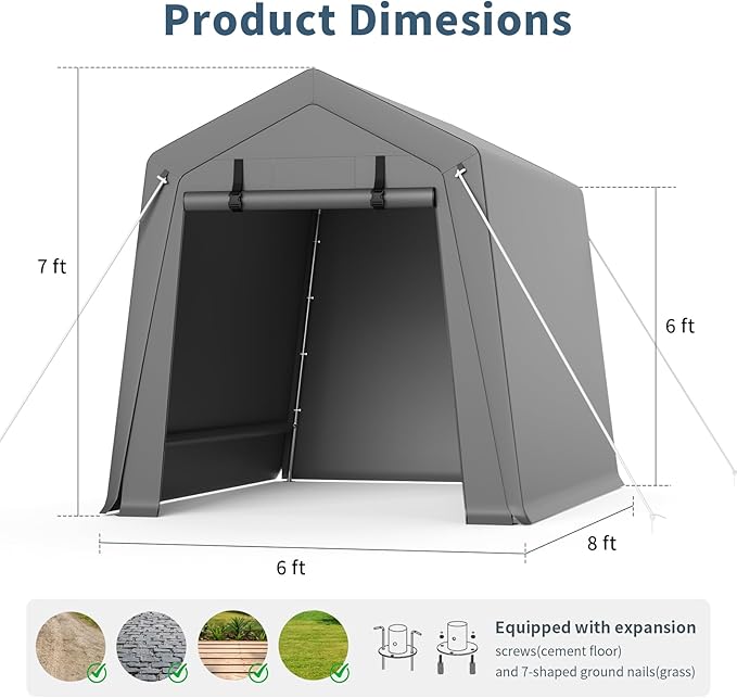 Garvee 6'x8' Outdoor Portable Storage Shed, Waterproof & UV-Resistant Garage Shelter with 2 Roll-Up Zipper Doors, Anti-Snow Carport Tent for Motorcycle, Bike, and Outdoor Equipment, Gray