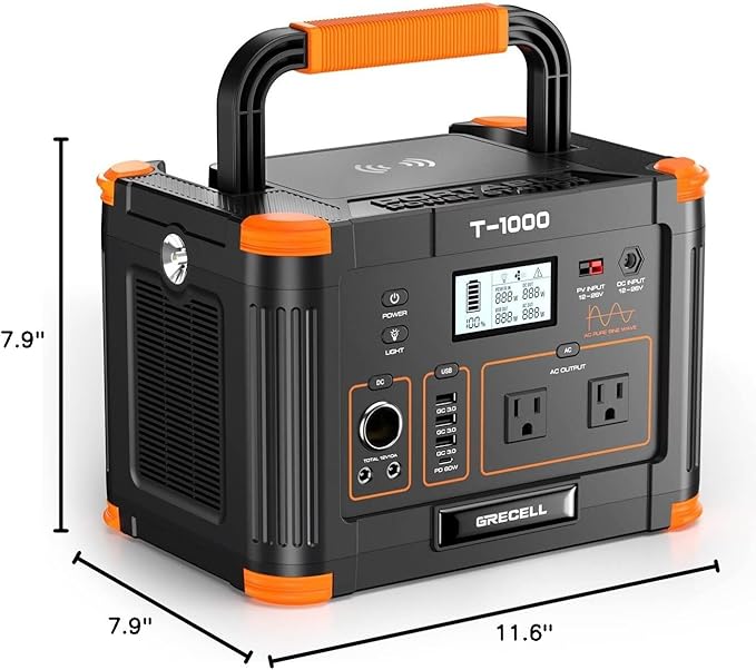 Portable Power Station 1000W, GRECELL 999Wh Solar Powered Generator with 110V AC Outlet, PD 60W Fast Charging Backup Lithium Battery Pack Power Supply for Outdoor Home Camping Travel Emergency RV Van