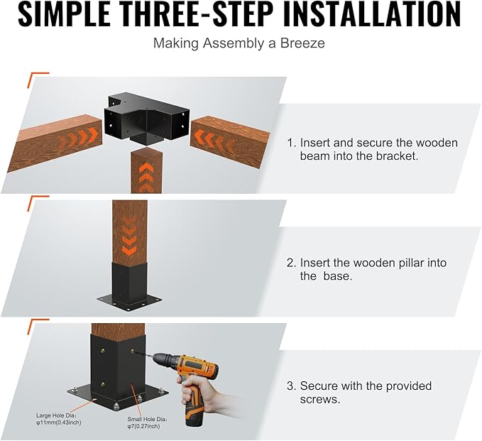 VEVOR Pergola Bracket Kit, 4x4 Inch (Inner Size 3.5x3.5), 2 Pcs 4-Way Heavy Duty Corner Bracket Woodworks DIY Post Base Kit, Easy Installation Wooden Beams for Gazebos, Patio Pergolas, Log Cabin