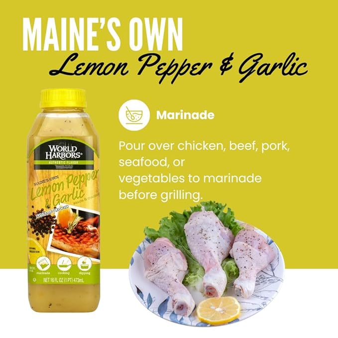 World Harbors Lemon Pepper Garlic Sauce & Marinade, Made in Maine, Ideal for Chicken Wings, Seafood, Grilled Meats, Salads, Stir-Fries, Sandwiches, Salads, Garnish Dipping Sauce 16 oz (Pack of 2)