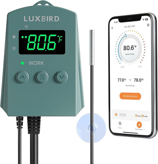 WiFi Digital Heat Mat Thermostat Controller, 32-113°F with Heating Cooling Mode, 365 Day Data Export, 1200W, High/Low Temp Alerts, Plug & Play for Reptile Seedling Brewing Breeding Greenhouse