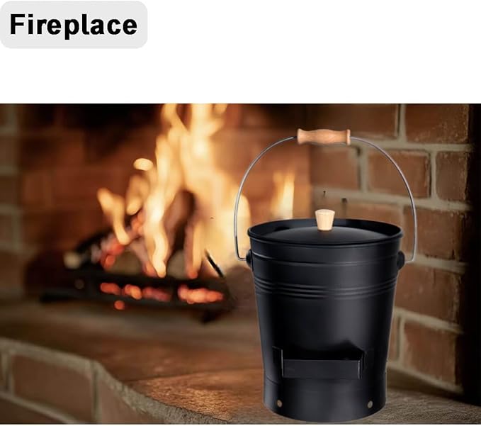 vensovo 2.5 Gallon Ash Bucket with Lid - Shovel, Broom, and Gloves, Heavy Duty Galvanized Iron, Fire-Resistant, Black Finish Perfect for Fireplaces