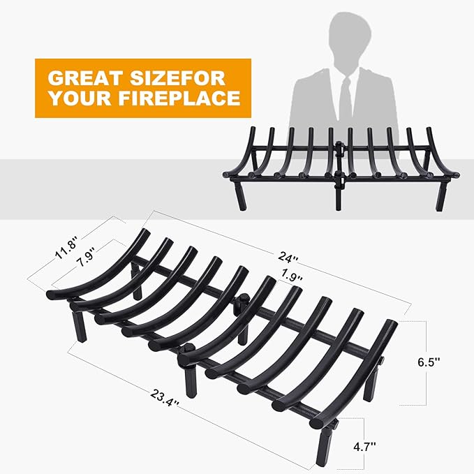 24 Inch Fireplace Grates of Metal, Solid Round Steel 3/4" Bar Grate for Fire Pit, Firewood Stove Log Holder Rack