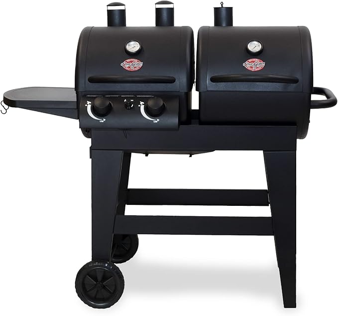 Char-Griller E5030 Dual Function 2-Burner Gas & Charcoal Grill, Black & E82424 Smoker Side Fire Box Portable Charcoal Grill, Black