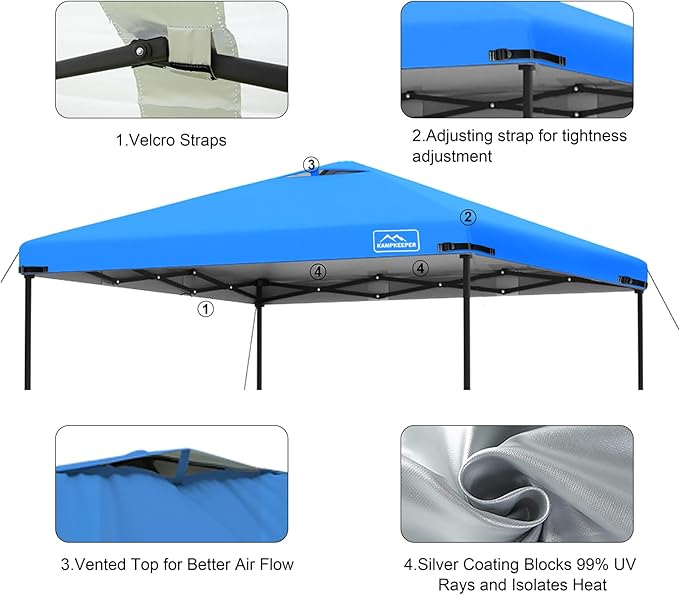 KAMPKEEPER Replacement Top Pop Up Canopy Tent Cover Roof with Air Vent and Adjustable Elastic Strap, Polyester UV Waterproof for Outdoor Garden Patio Sun Shade(Top Only) (Light Blue, 10x10FT)