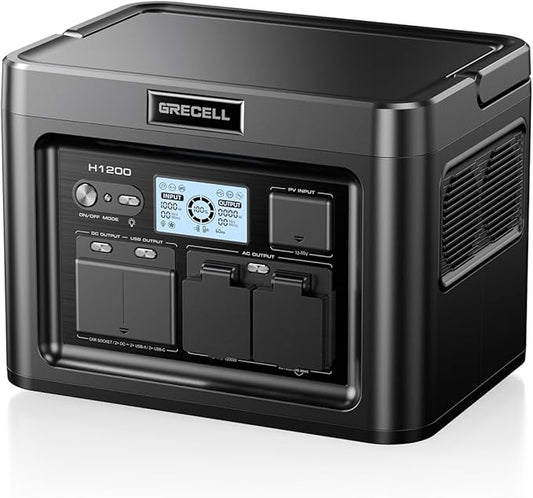 GRECELL Portable Power Station 1200W 672Wh H1200 LiFePO4 Battery Solar Generator with 10ms UPS, 1200W Solar Power Station, 9 Output Ports for Home Emergency, Outdoor Camping, RV Travel, Laptop TV