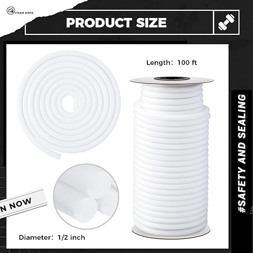 1/2 Inch x 100 ft Foam Backer Rod for Gaps Joints Concrete Crack Filler Caulk Saver Bulk Foam Backing Rod Concrete Filler Rope for Weather Stripping Door Seal (White)