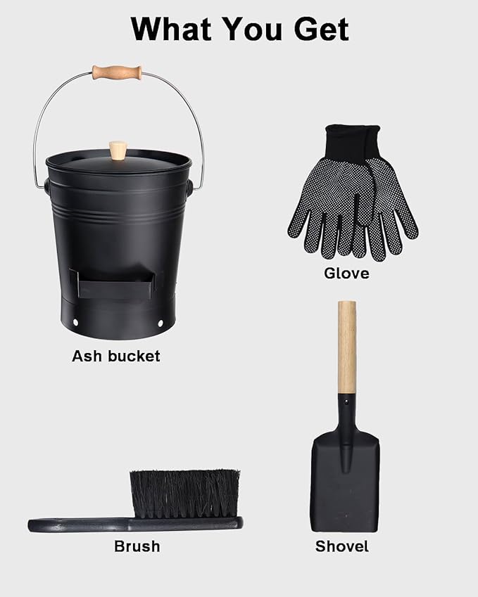 vensovo 2.5 Gallon Ash Bucket with Lid - Shovel, Broom, and Gloves, Heavy Duty Galvanized Iron, Fire-Resistant, Black Finish Perfect for Fireplaces
