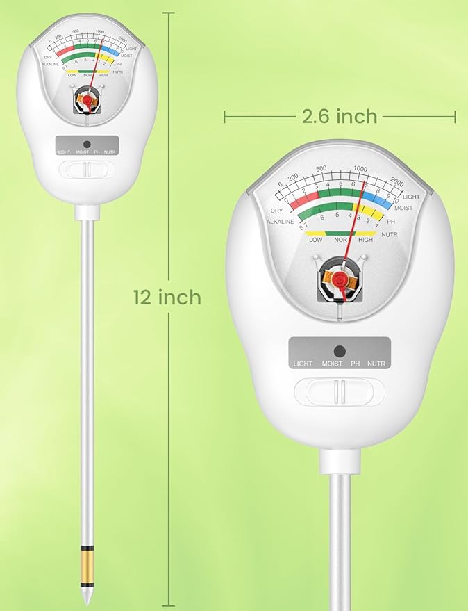 4-in-1 Soil Test Kit, Soil Moisture Meter, pH Meter, Light & Nutrient Tester for Indoor/Outdoor Plants, Garden, Farm, Lawn Care-No Battery Needed (4-in-1 Soil Test)