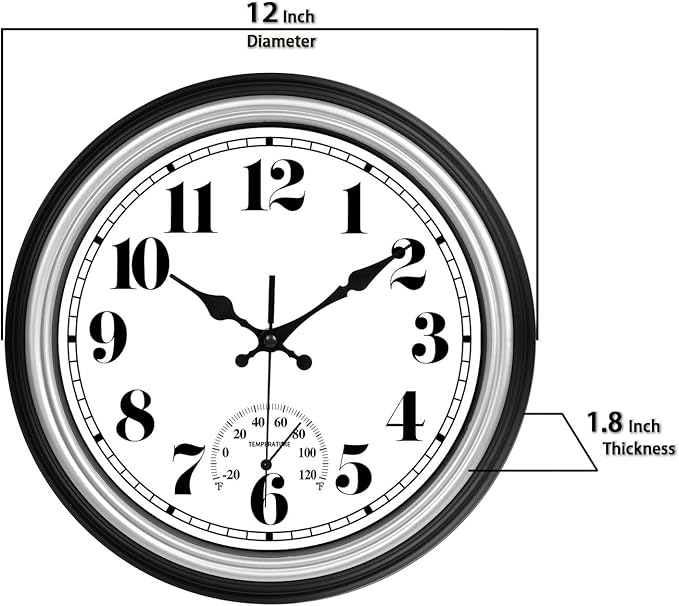 JENLYSTIME 12 Inch Indoor/Outdoor Retro Waterproof Wall Clock with Thermometer Silent Round Quartz Battery Operated Easy to Read Decorative for Kitchen Patio,Bathroom,Deck,Porch,Pool(Silver)