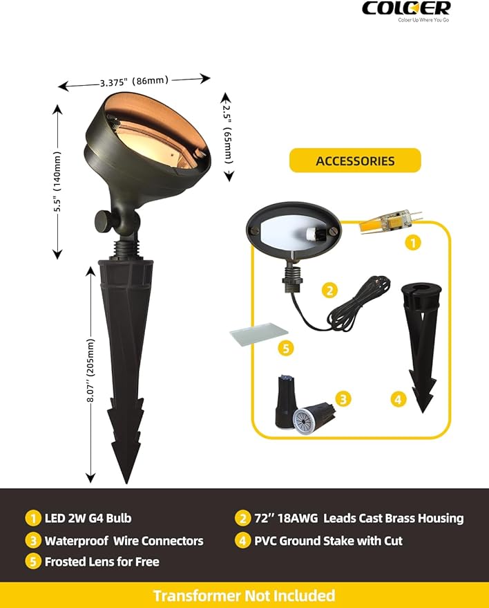 COLOER Die-cast Brass LED Landscape Flood Lights Outdoor 6-Pack with Bulb, 2W 9-17 Volt Low Voltage Wall Wash Lighting, Outdoor Floodlight for Illuminating Signs, Walls and Plant Material(501B)